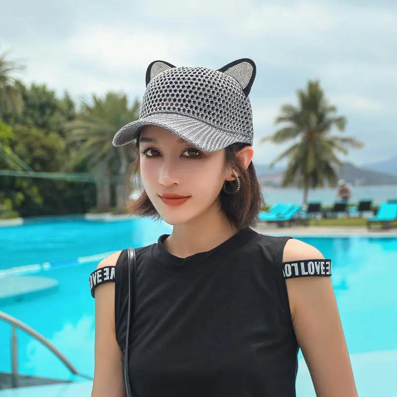 WTEMPO Women's Breathable Hollow-out Spring Summer Hats Cat Ears Shaped Cute Casual Elegant Versatile Wide Brim Travel Beach Hats