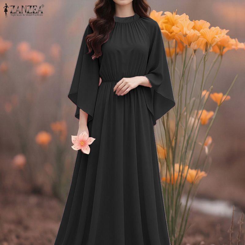 ZANZEA Women Elegant Casual Round Neck 3/4 Sleeve Loose Long Dress