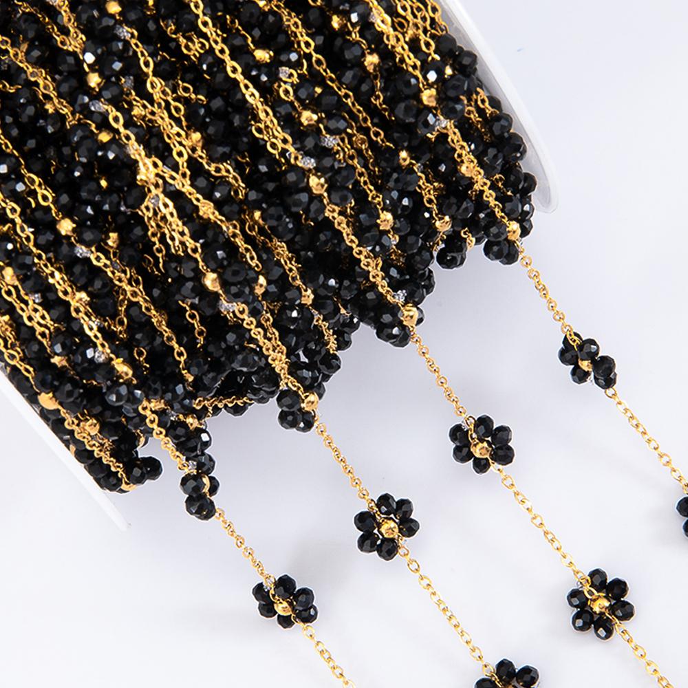 

2Meters 1Meter Stainless Steel Black Crystal Flower Chains Natural Stone Beaded Chains for Necklace Earrings DIY Jewelry Making 1Meter