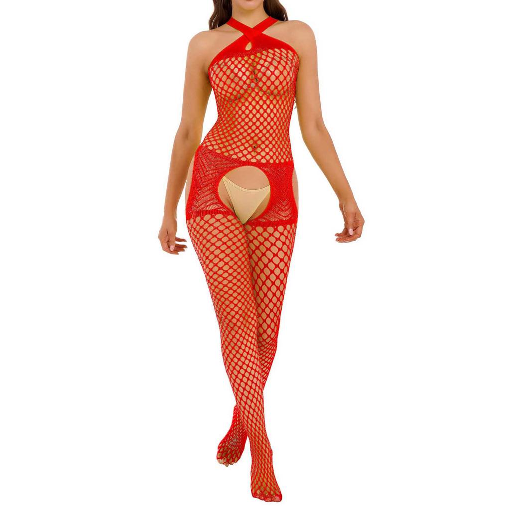 Bodystocking a rete da donna con design traforato, scollo all'americana incrociato e top da discoteca