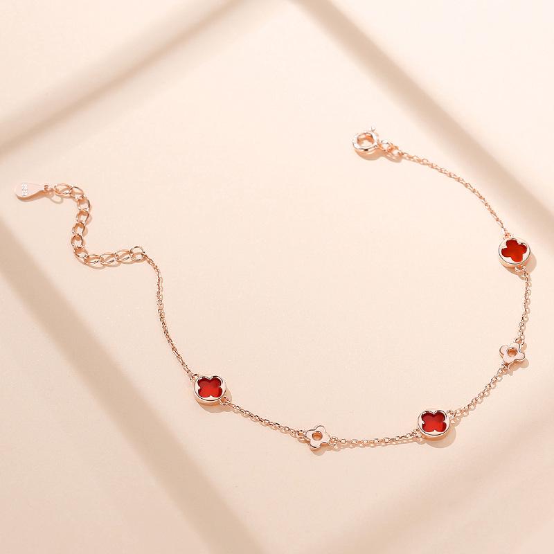 Korean Style S925 Sterling Silver Four-Leaf Clover Agate Bracelet for Women - Autumn Niche Design Jewelry Sterling Silver 925