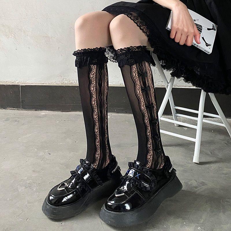 Japanese-style Lace Summer-Autumn Thin Bowknot Knee-High JK Socks with Ruffled Trim