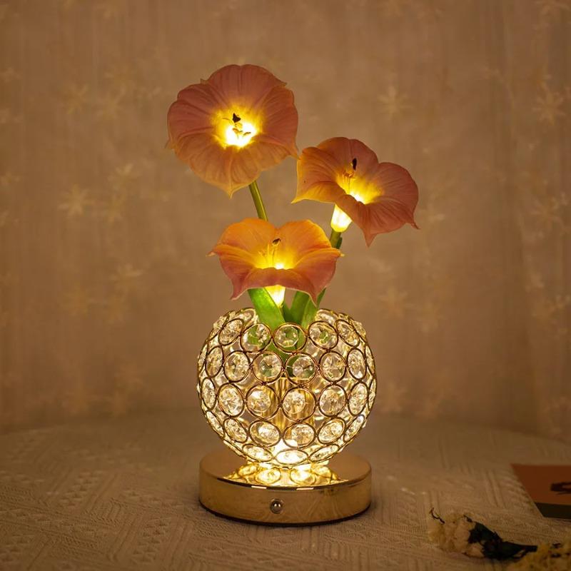 USB Rechargeable Morning Glory Crystal Flower Table Lamp 3 Color Dimmable LED Night Light Romantic for Bedroom Bedside Decor