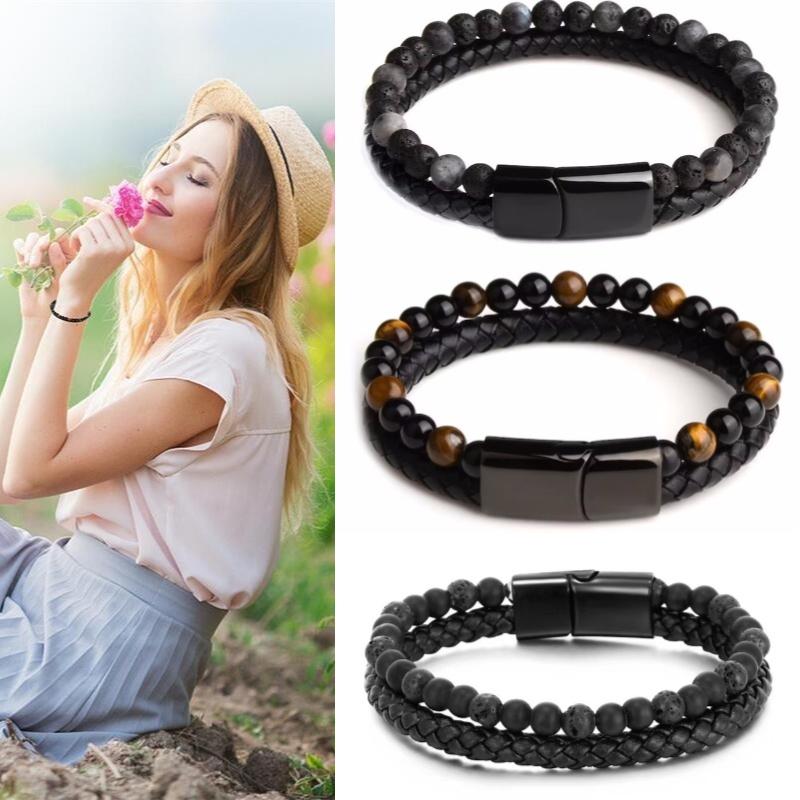 Men Double 21cm Layered Volcanic Stone Beaded Bracelet Alloy Clasp Leather Faux