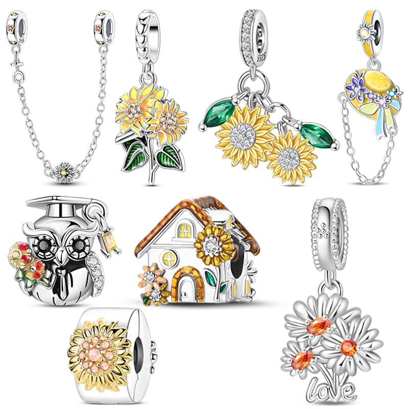 925 Sterling Silveryellow Flower Sunflower House Beads Charms Fit Original Bracelet Pendant DIY Necklace Birthday Jewelry Gift