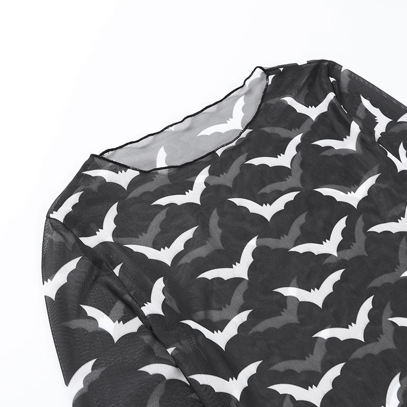 Gothic See Through Mesh Bat Long Sleeve T-Shirt Fairy Grunge Elegant Fungus Edge Basic Tee Elf Girl O-Neck Dress Up Top