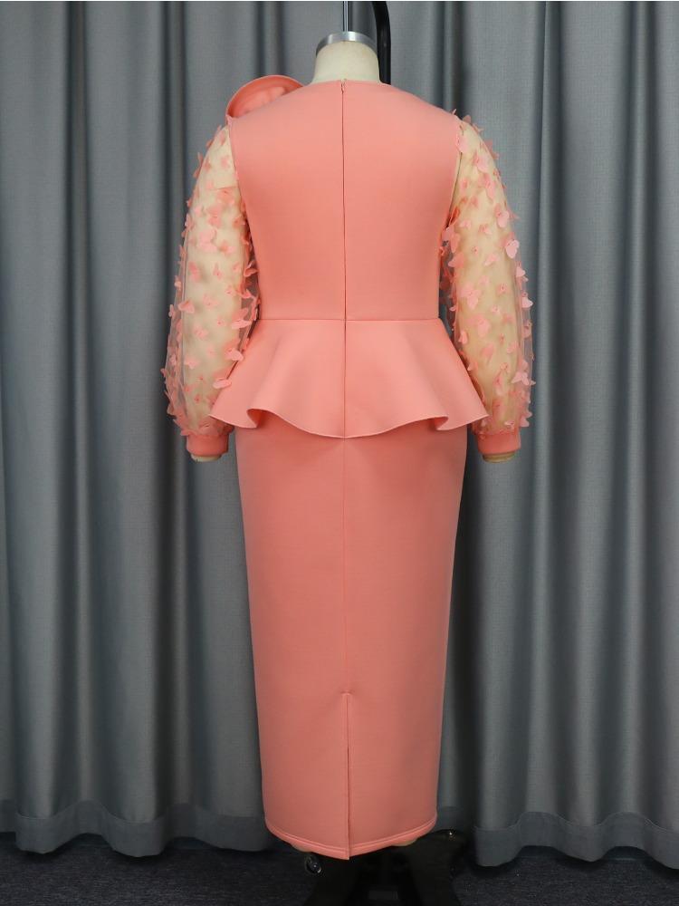 Elegantes Paket Hüftkleid O-Ausschnitt 3D-Blumen-Patchwork Florales Netz Puffärmel Schößchen Kirchenveranstaltung Party Stilvolle Abendanlässe