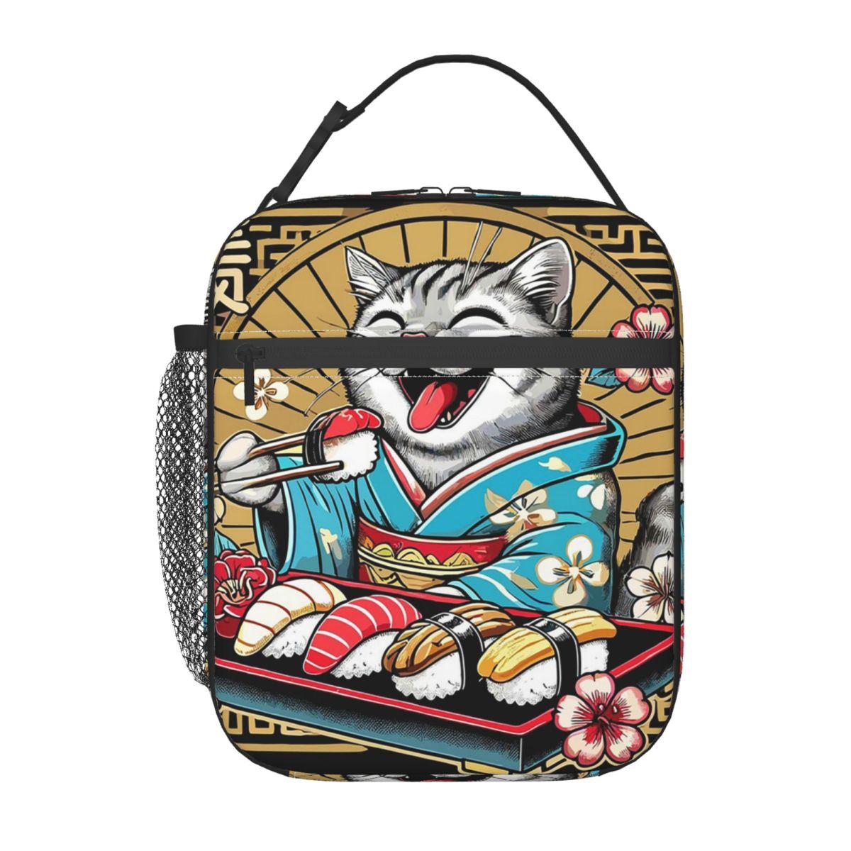

A Cat In A Kimono Eating Sushi Insulated Lunch Bag for Kids School Cooler Thermal Food Box Tote Leakproof Lunch Boxes Container One Size