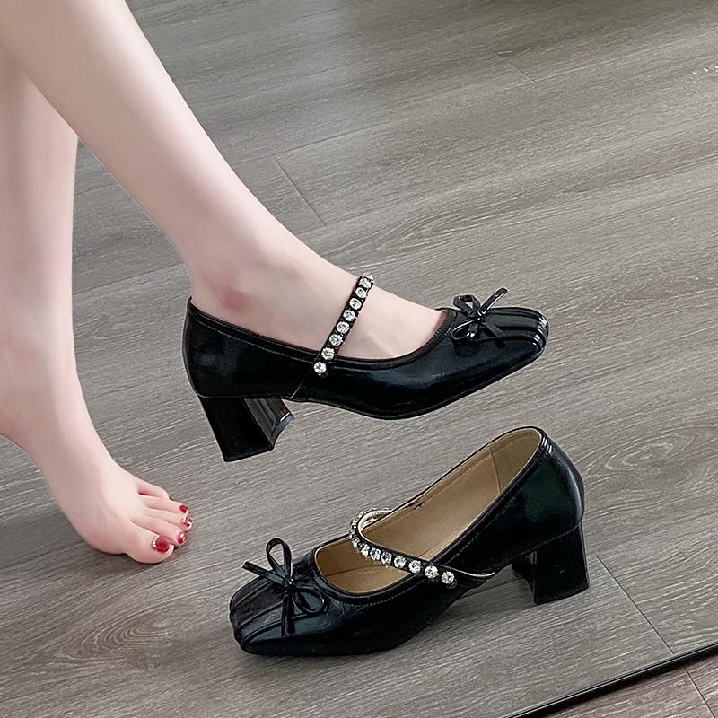 

Fashion French Retro Mary Jane Shoes Woman Beige Elegant Woman Heeled Shoes Comfort Versatile Bowknot Single Shoes Women chaussure femme 34 чёрный