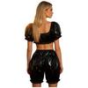 Womens Waterproof Vinyl Ruffled Pajamas Set Short Puff Sleeve Crop Top Bloomers Shorts