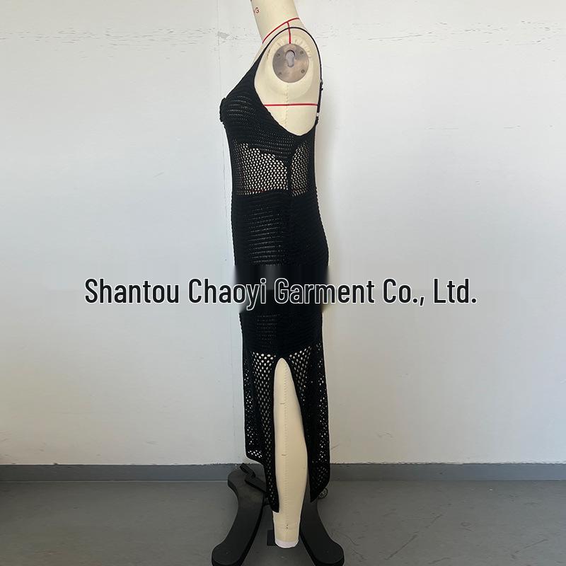 3D Häkel Maxikleid mit hohem Schlitz, Spaghetti-Trägern und Cut-Outs