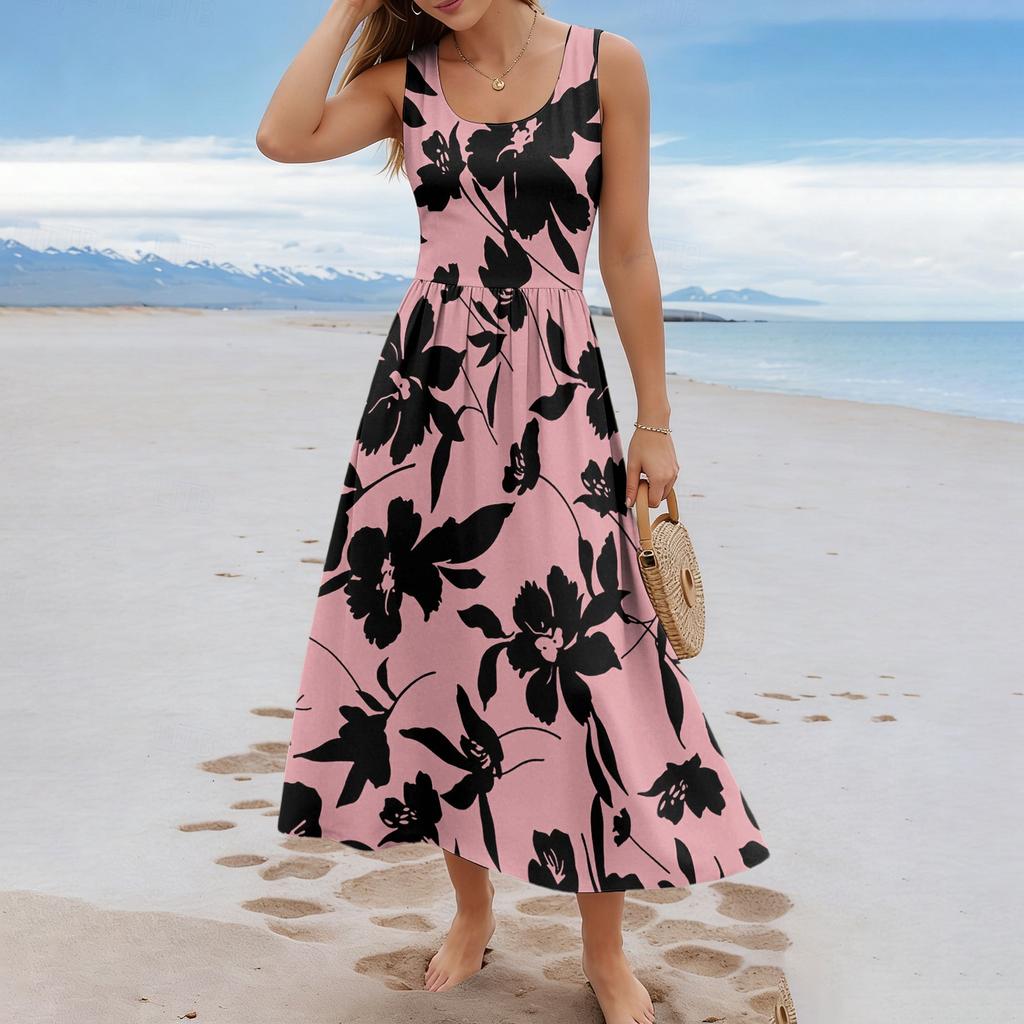 Damska kwiecista letnia codzienna i modna bezrękawnikowa długa sukienka