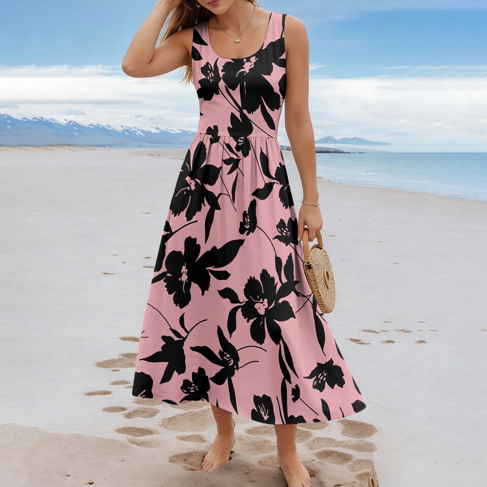 

Women’s Floral Print Sleeveless Maxi Dress Casual Summer Loose Fit Long Dress with Scoop Neckline for Everyday Wear XXXL розовый