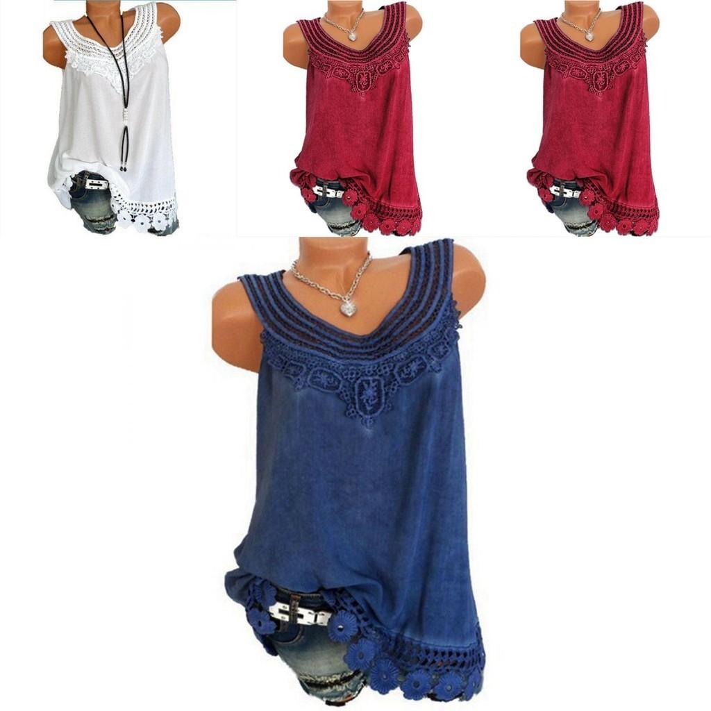 Women's Loose Sleeveless Vest T-shirt Blouse With Elegant Boho Lace Design In Plus Sizes