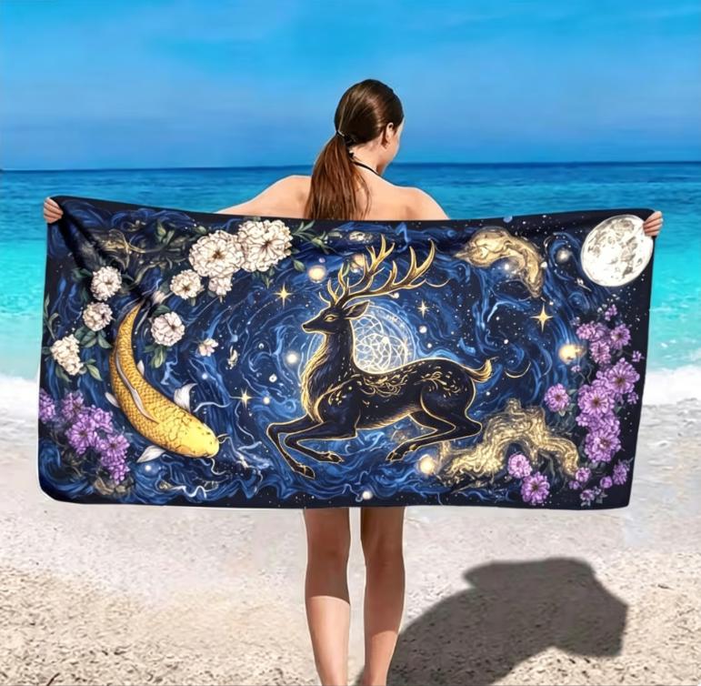 Celestial Golden Deer Beach Towel Mystical Moon Floral Deer Print Towel Soft Absorbent Quick-Dry Summer Towel for Vacation