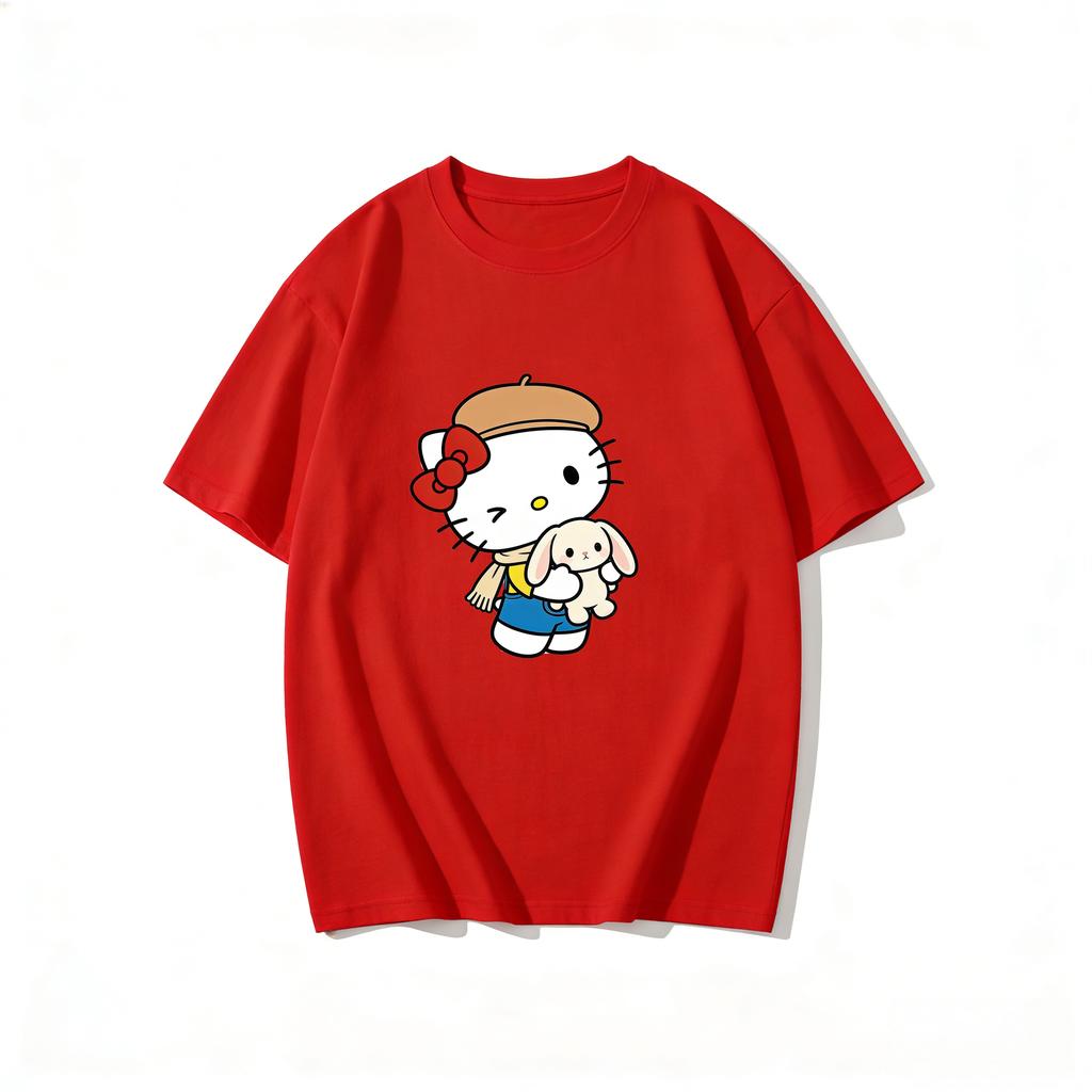 2026 Summer Hello Kitty Cartoon Printed Short Sleeve Pure Cotton Tshirts Womens Family Matching Outfits Harajuku Y2k Tops Tee