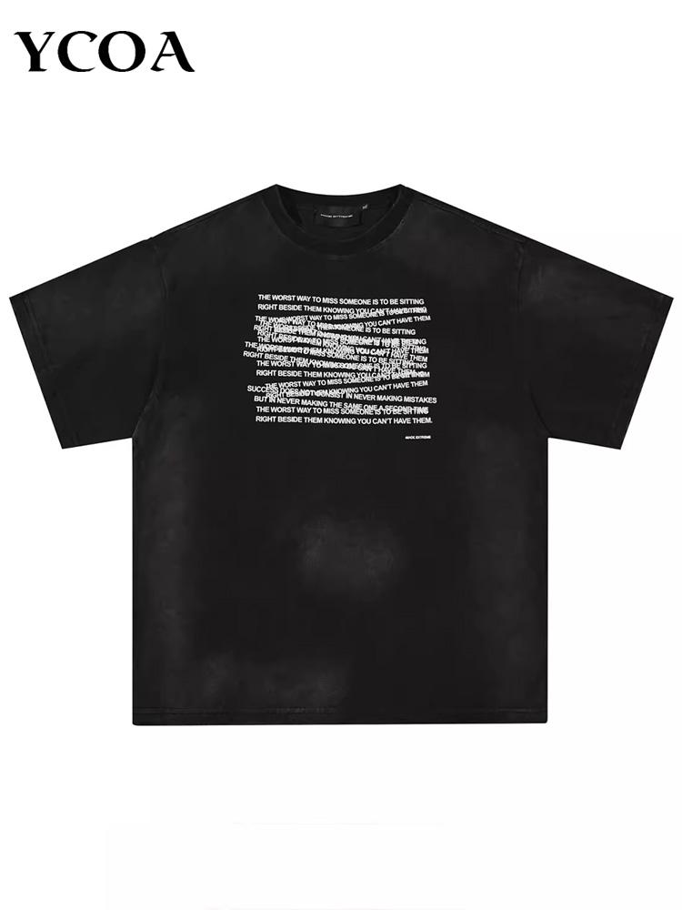 Washed Black Men TShirt Oversized Streetwear Grunge Letter Kpop Cotton Short Sleeve Tee Top Korean Fashion Vintage Y2k Clothing