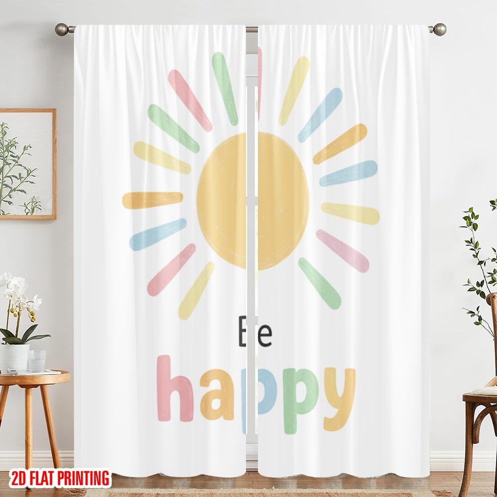2pcs 2D Flat Printing Curtain Happy Sun Watercolor Polyester Without Electricity All Season Party & Holiday Decor Perfect for
