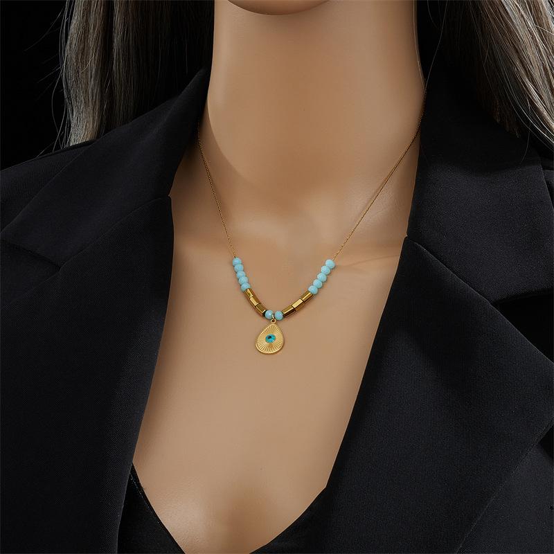 Gold Plated Evil Eye Teardrop Pendant Necklace, Stainless Steel Amazonite Beaded Choker, Waterproof Boho Jewelry for Women Gift