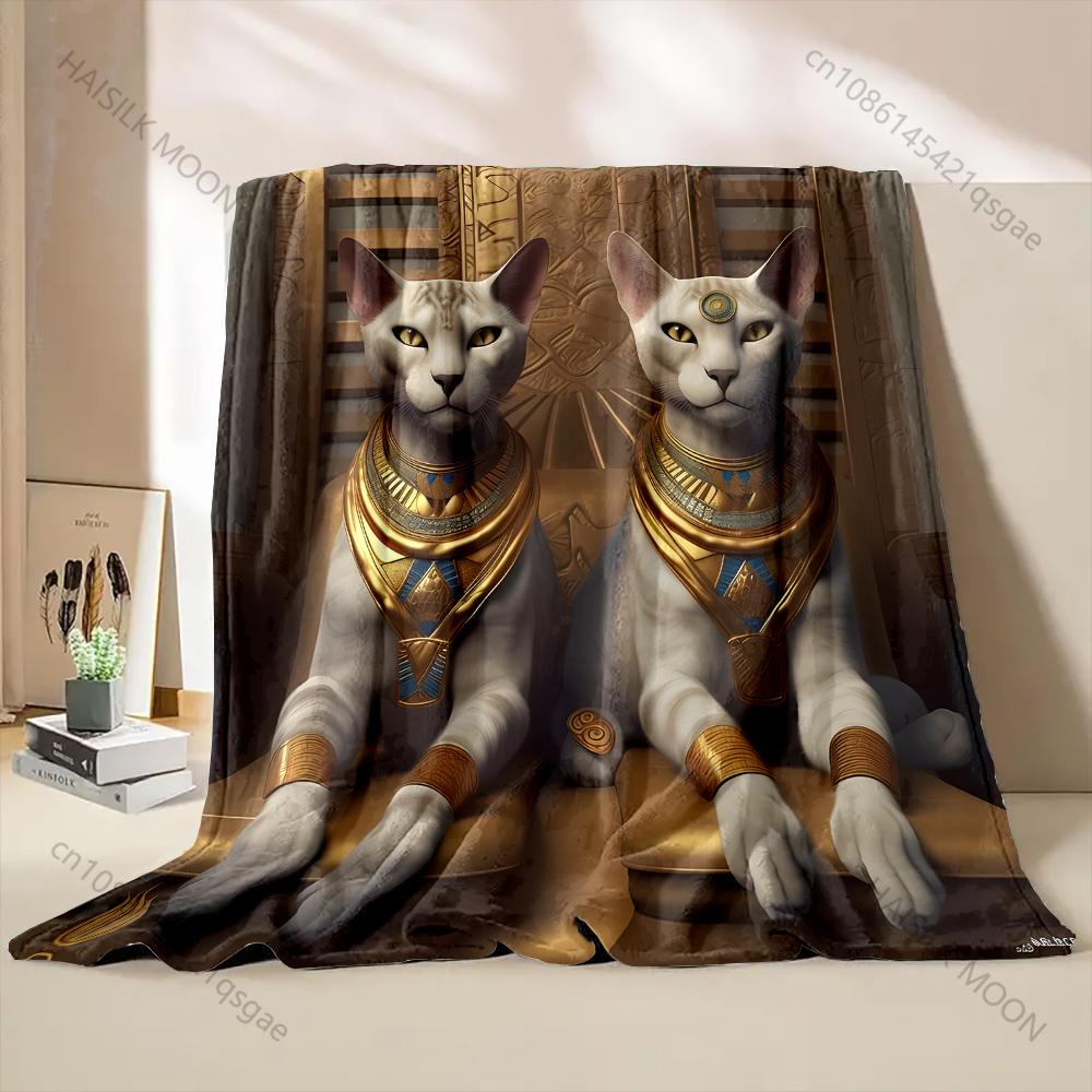 1PC Egyptian themed Cat Statues Pattern Blanket Flannel Material Soft Warm for All Seasons, Home Outdoor Camping Picnics RV