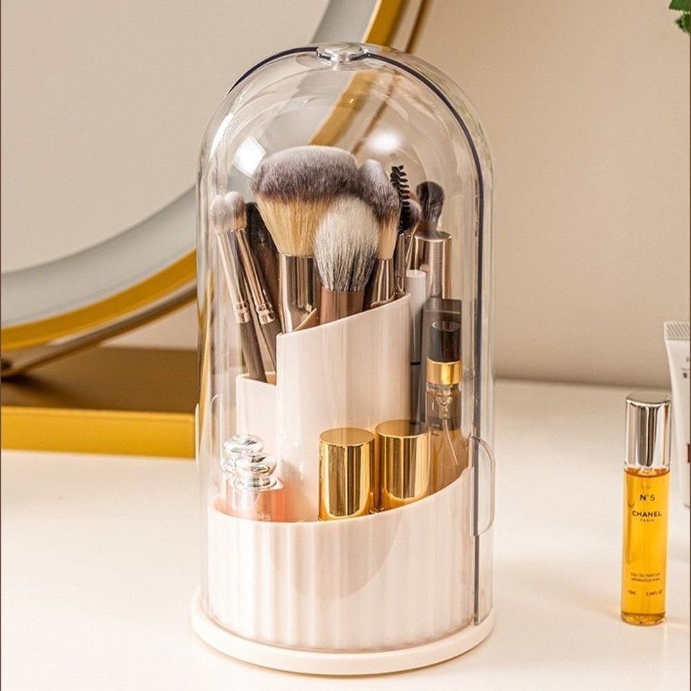 360° Rotating Makeup Brush Holder Large Capacity Dustproof Makeup Brush Storage Bucket with Lid Clear Cosmetic Organizer Desktop