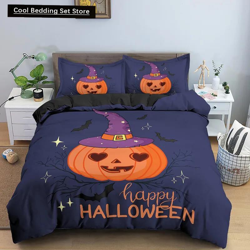 Happy Halloween King Queen Duvet Cover Orange Pumpkin Bedding Set Kids Teens Adults Bats Horror Festival Polyester Quilt Cover