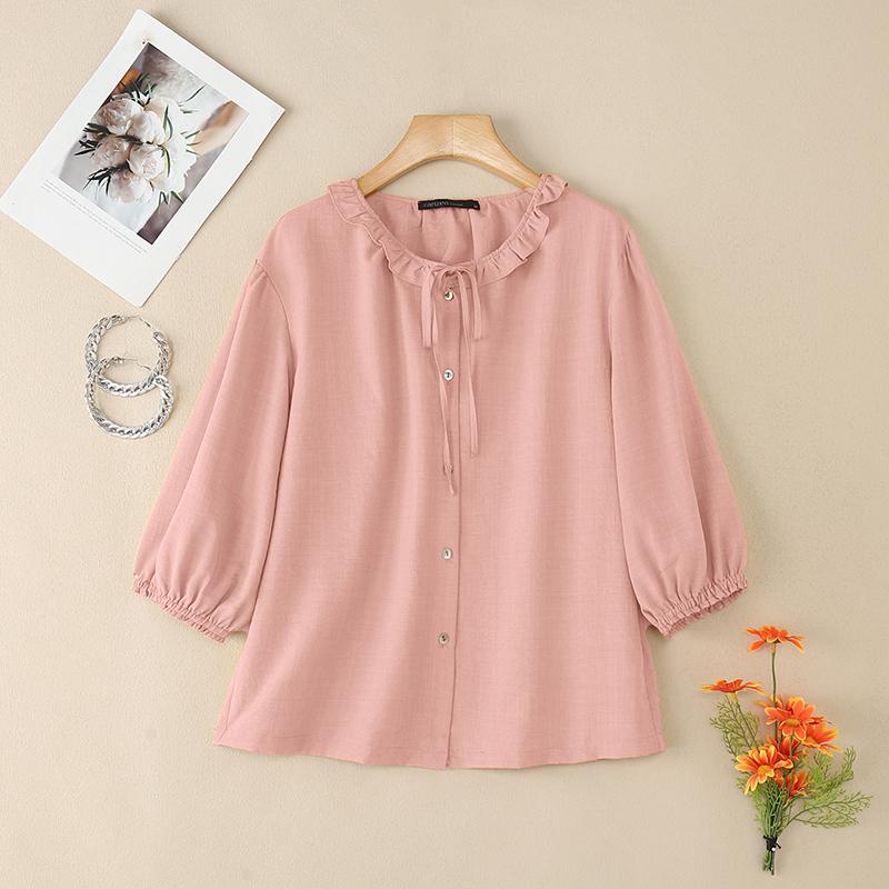 ZANZEA Women Casual Round Neck Loose 3/4 Sleeve Plain Blouse