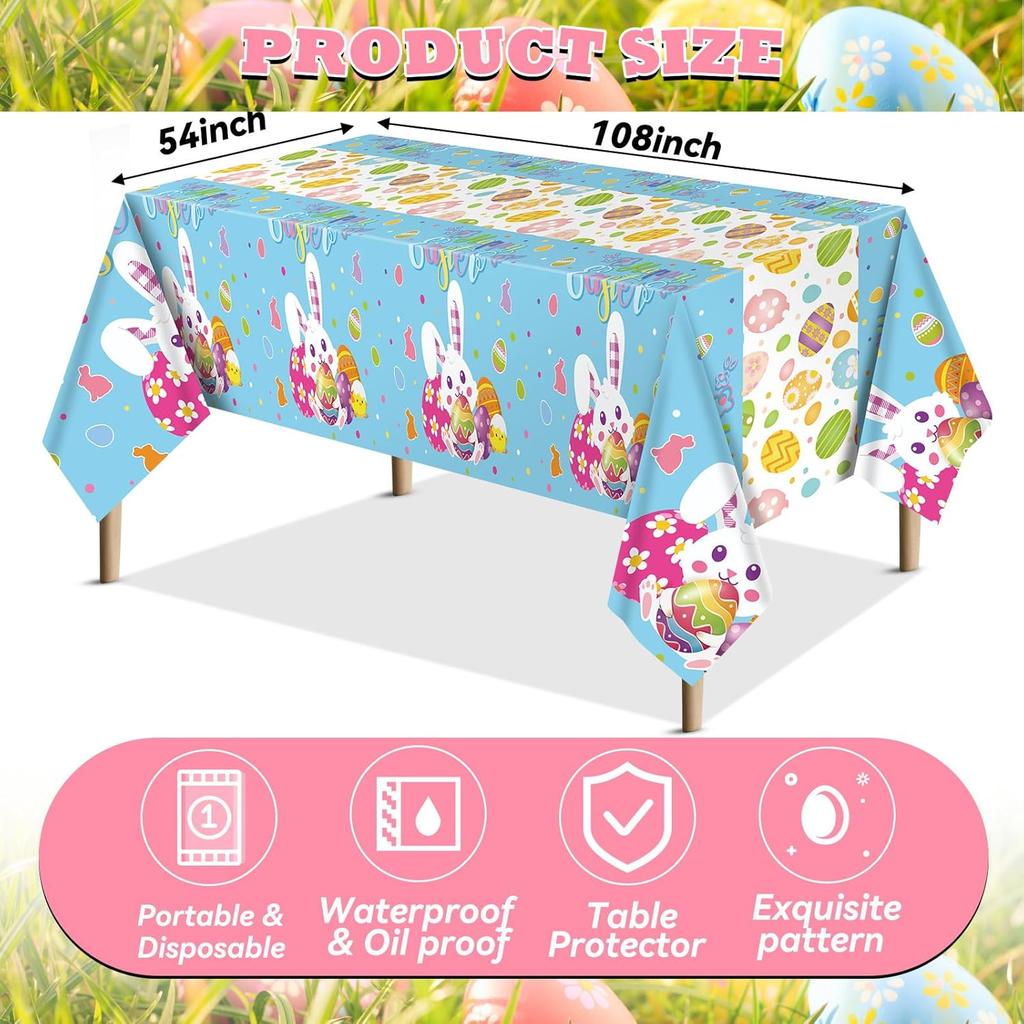 VitalCozy 3 Pcs Easter Tablecloth 54 x 108 Inch Spring Easter Table Cover Disposable Plastic Tablecloths Rectangle Table Cloth for Indoor Outdoor