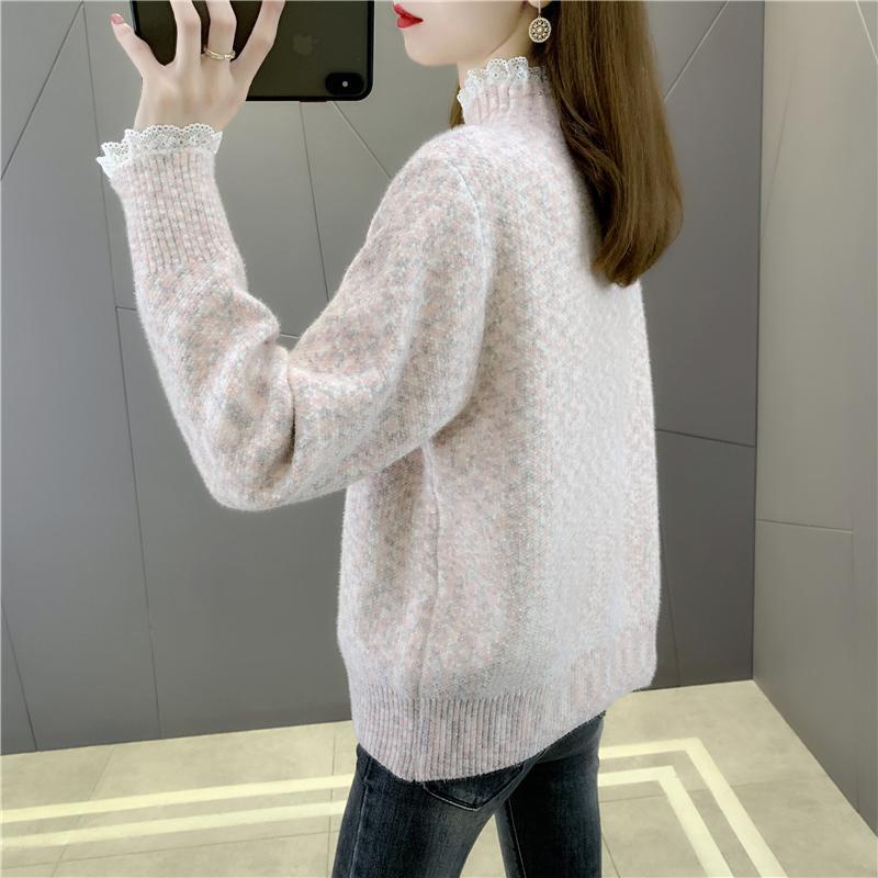 Lace Half High Collar Sweaters Women's Autumn and Winter Large Size Loose Bottom Knitted Pullovers Casual Print Jumpers