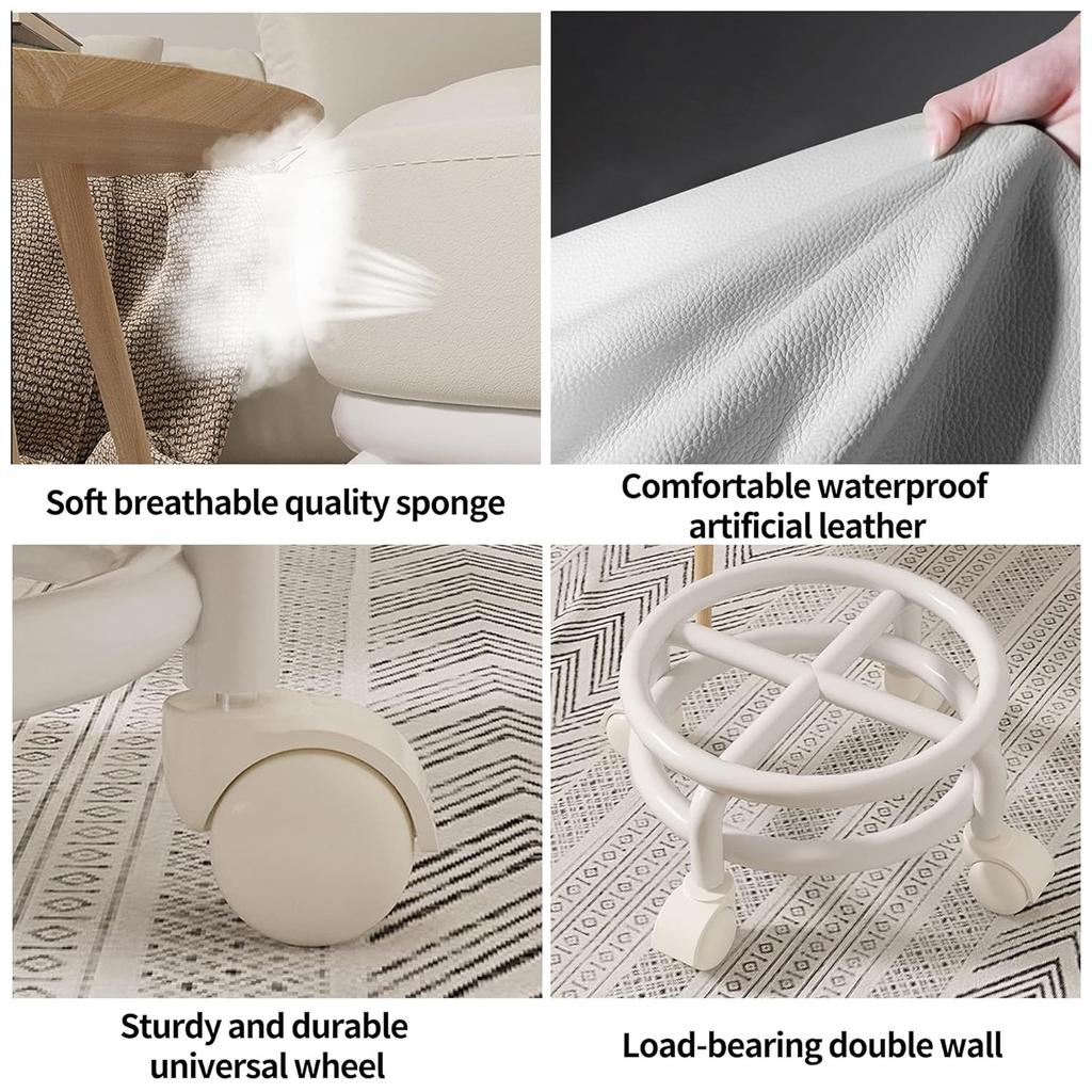 Living Room Footstools With Universal Swivel Caster Wheels Leather Small Rolling Stools Round PU Seat Metal Frame for Home & Office