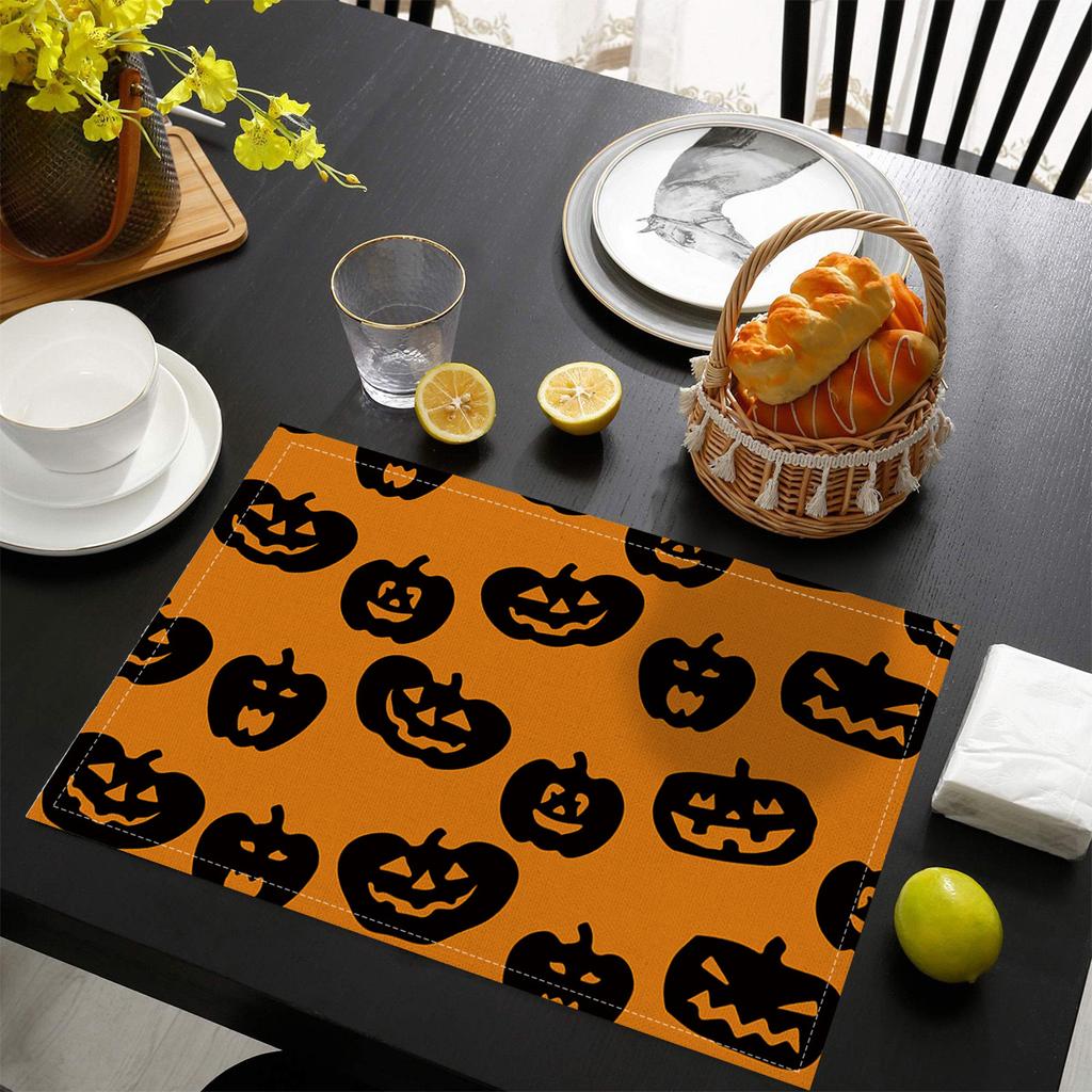 1pcs Creative Halloween Printed Linen Placemats Heat Resistant Non-Slip Table Mats Home Party Decor Classic Pumpkin Tablecloth