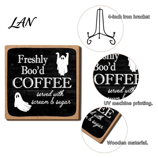 Desktop Ornaments for Home Halloween Coffee Bar Wooden Sign with Iron Display Stand Corner Small Plaques Counter Tabletop Decor, Rustic Wood
