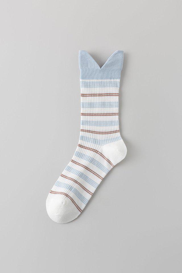 

3D Cat Ear Striped Mid-Calf Women s Socks - Cute Ruffled & Rolled Cuff, College Style for Spring/Summer One Size
