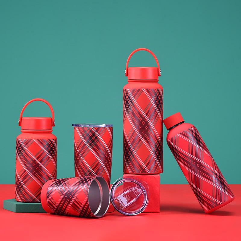Stainless Steel Thermos Cup, Coffee Cup, Christmas Red Set, Large Capacity Handle Outdoor Sports Water Cup