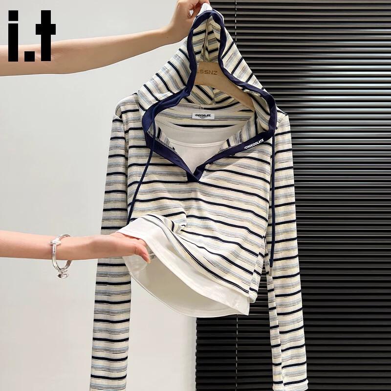 CHOCOOLATE Women s Fake Two-Piece Striped Hooded Long Sleeve T-Shirt XL