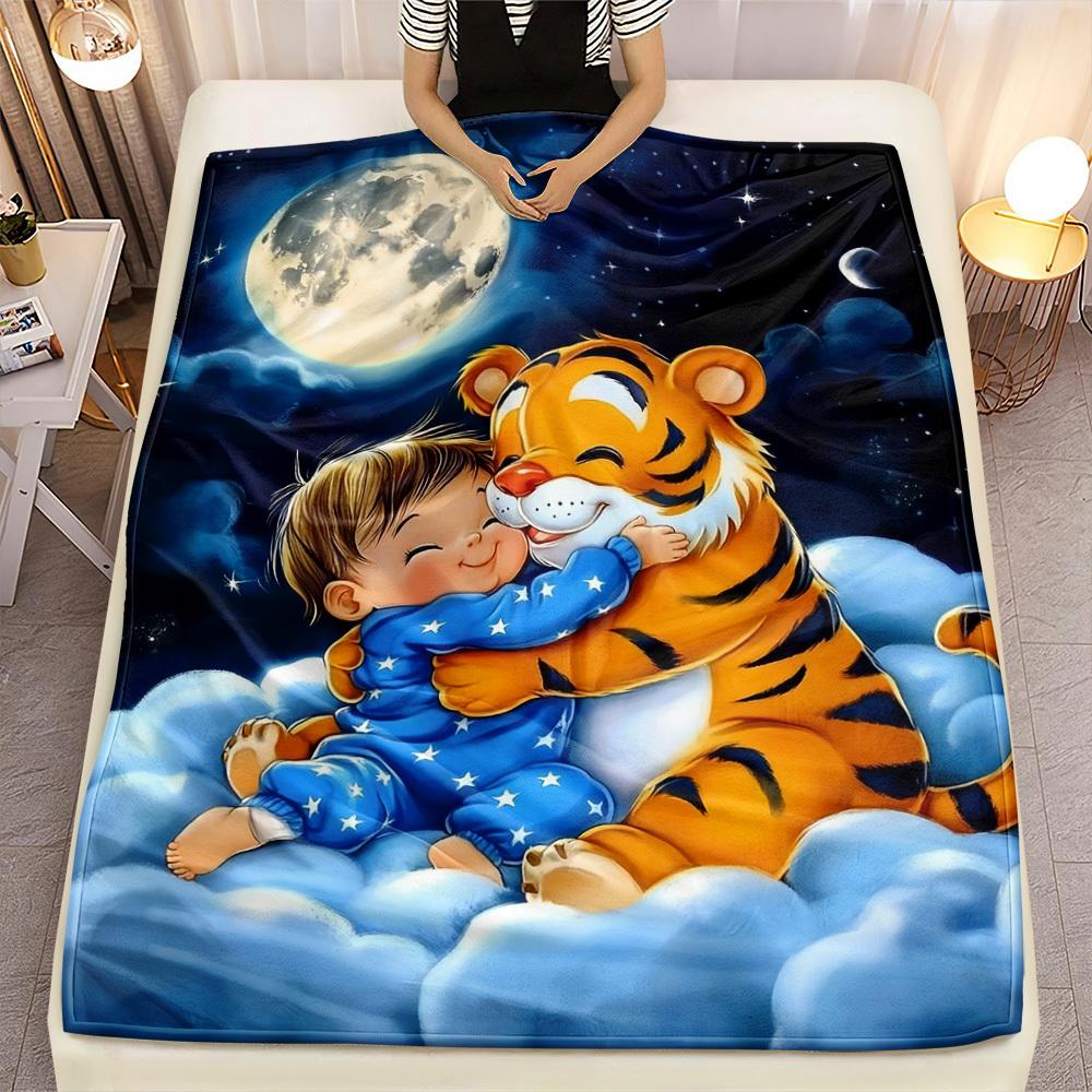 1pc Lightweight Moonlight Tiger Blanket, Soft Digital Print, for Sofa, Bed, Travel, Camping, Flat 2D Design