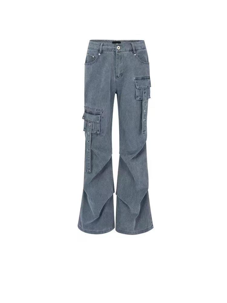 Women's Multi-Pocket High Waist Workwear Jeans - Autumn Loose Slimming Straight Leg, Versatile Wide-Leg Floor-Length Pants