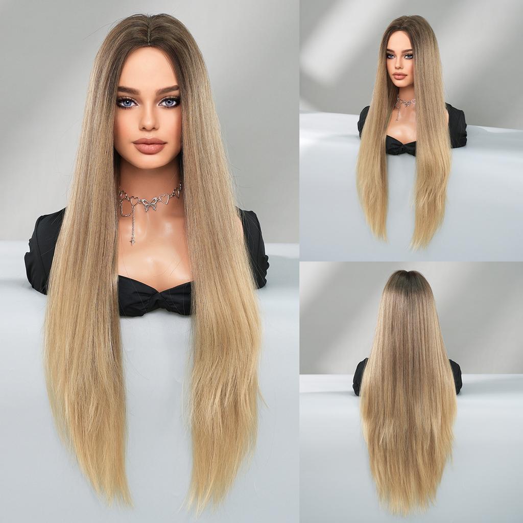 Women’s Extra Long Straight Blonde Wig Middle Part Nordic Ombre Color European and American Style Synthetic Full Wig