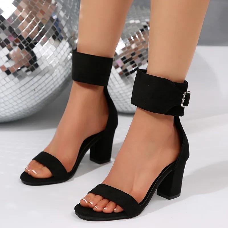 Fashion Summer New Block Heel Sandals Women's Round Toe Open Toe Metal Buckle Strap Anti-slip Wear-resistant High Heels
