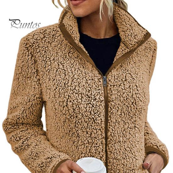 Winter Jacket Stand Collar Long Sleeves Pockets Zipper Closure Fluffy Coat Cardigan Women Autumn Solid Color Plush Streetwear