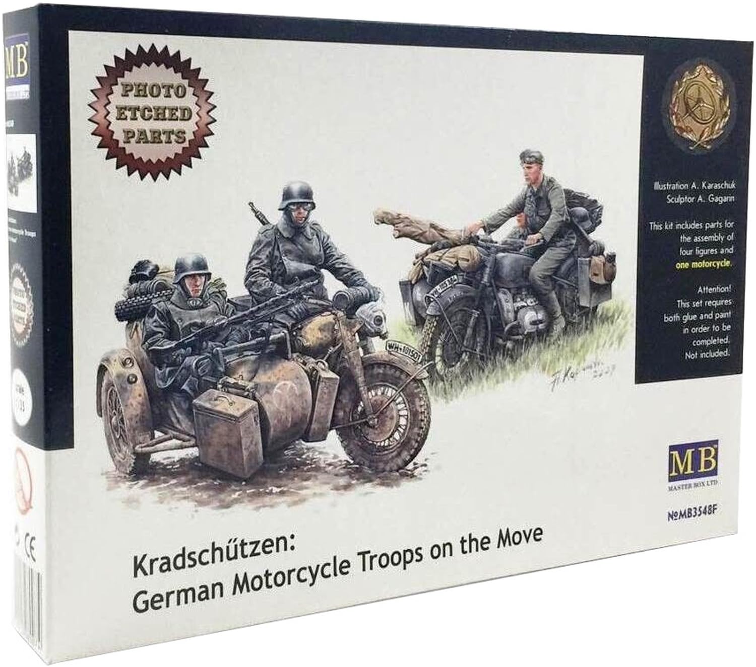 

Master Box немецкий мотоцикл 4 1 с пластиковой моделью MB35F48 1/35 солдатики, коляска, фототравленые детали,