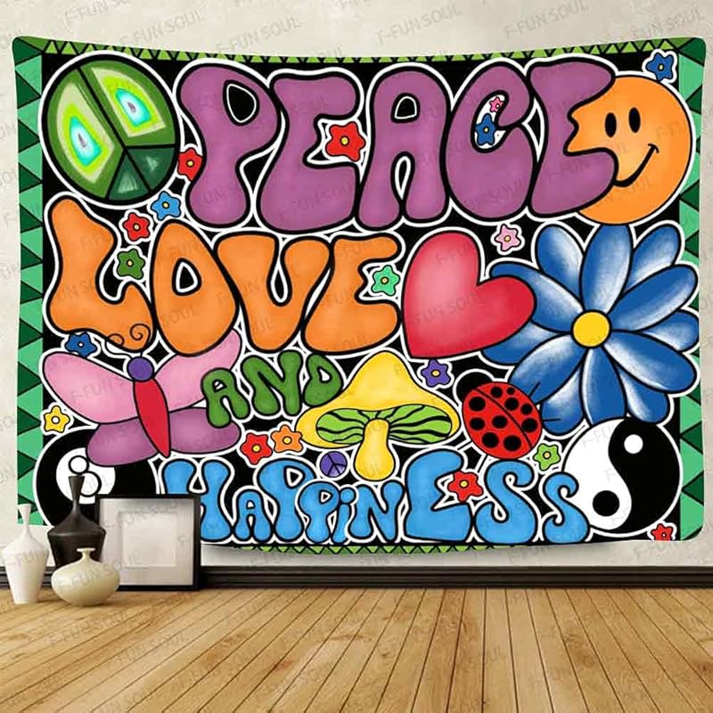 F-FUN SOUL Peace Love and Happiness Groovy 80x60in Soft Flannel Tapestry, 70s Theme Party Wall Hanging for Bedroom Living Room Decor GTZYFS194 40 L x 30 W