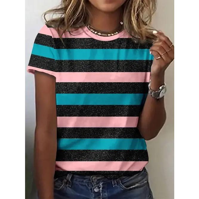 Summer Round Neck Geometric Pattern Color Block 3D Print Top Fashionable Casual Short Sleeved Women's T-shirts