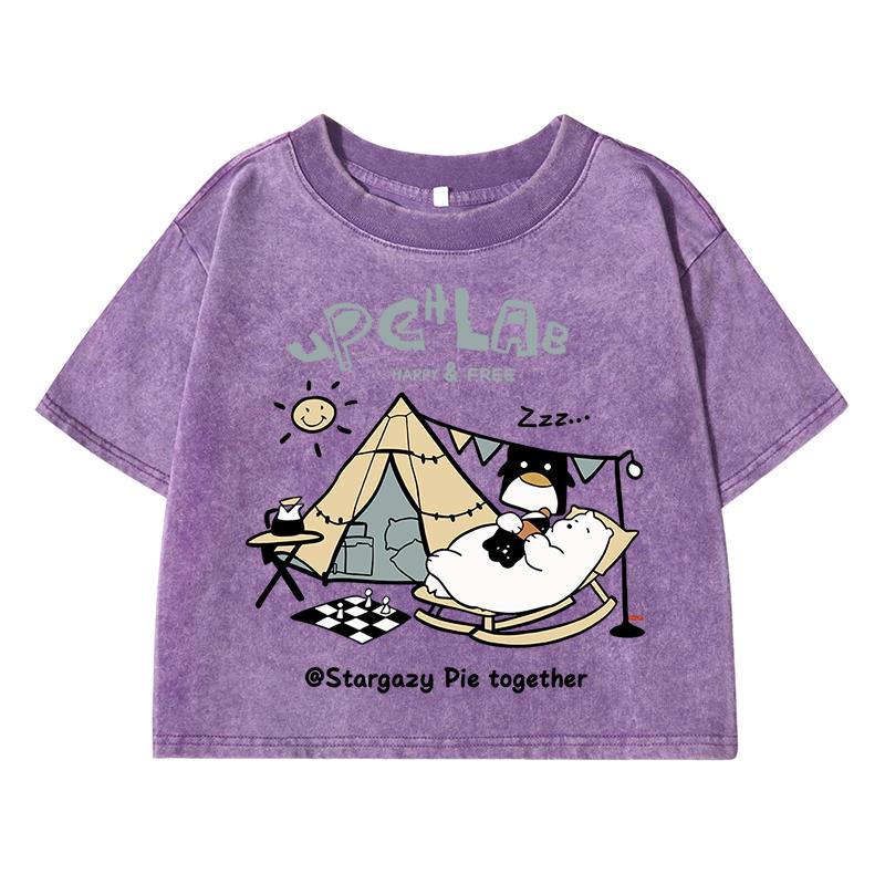 Fun And Cute Cartoon Lazy Bearprinting Women Washed Short Tshirts Summer Fashion T-Shirt Midriff-Baring Versatile Clothes