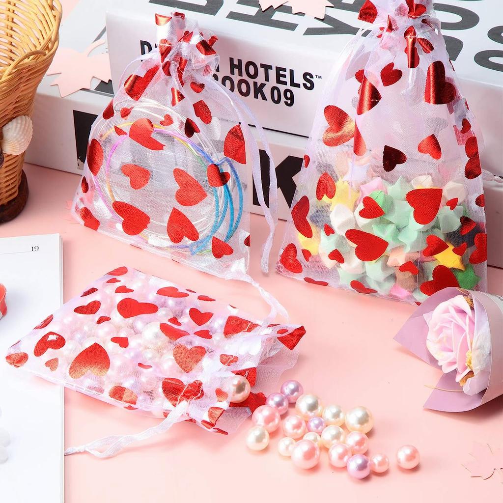 50/100Pcs Valentine's Day Wedding Party Gift Bags Love Heart Drawstring Organza Candy Cosmetic Jewelry Beads Packaging Pounches