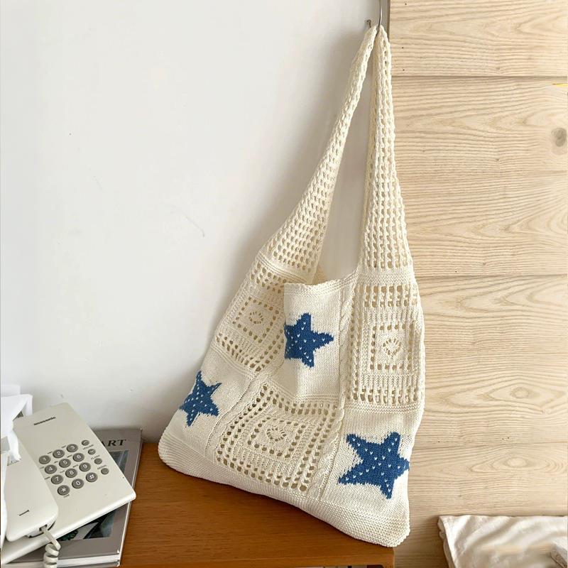 Turtle Korean Style Hollow Woven Bag Trendy Large Capacity Crochet Tote Bag Lightweight Embroidered Knitting Handbag Beach
