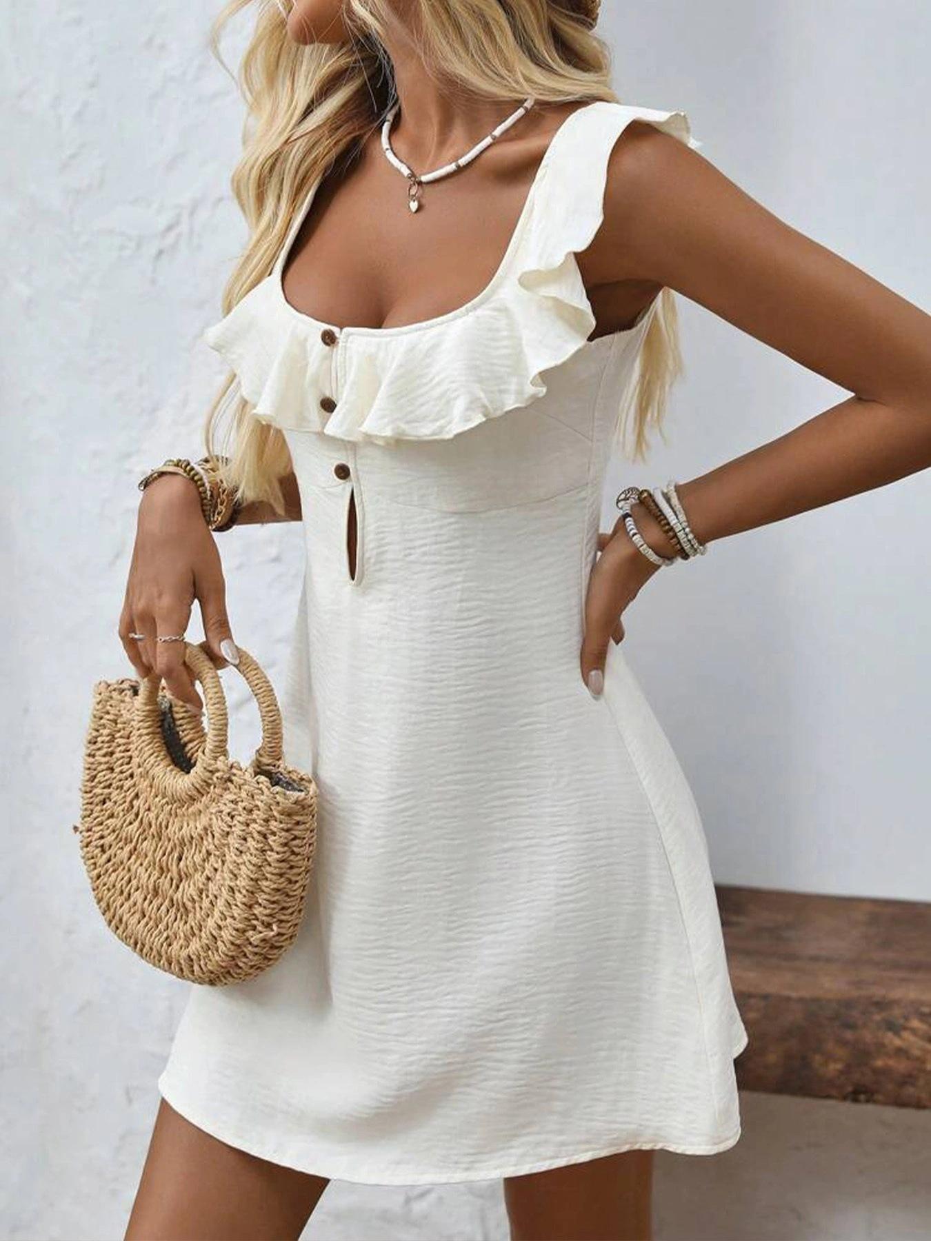2025 summer new casual solid color ruffle edge splicing sleeveless suspender short dress dress S