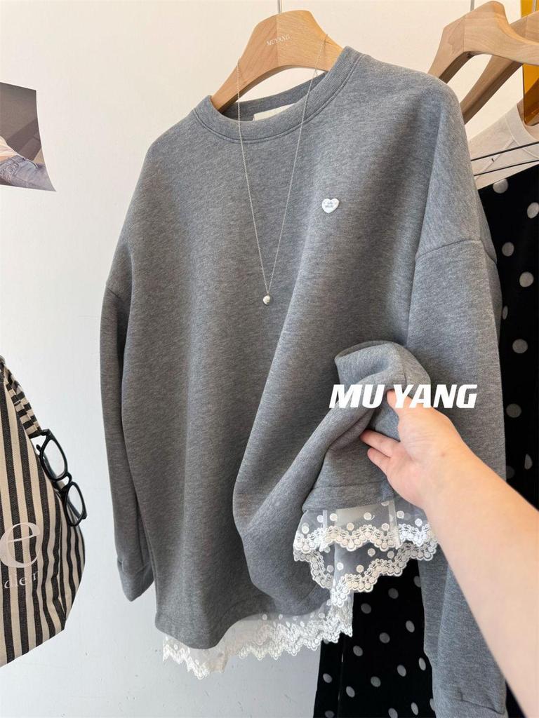 Women's Korean Lace Trim Round Neck Fleece Sweatshirt - Winter Mid-Length Loose Fit