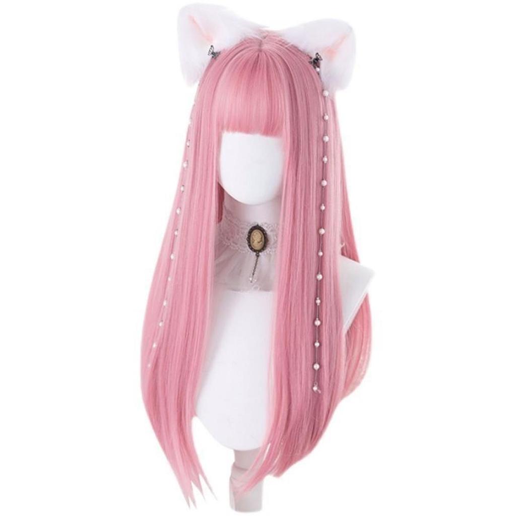 Pink Wine Red White Synthetic Long Straight Cosplay Lolita Harajuku Wig with Bangs Braided Halloween Wig for Women Daily Wear