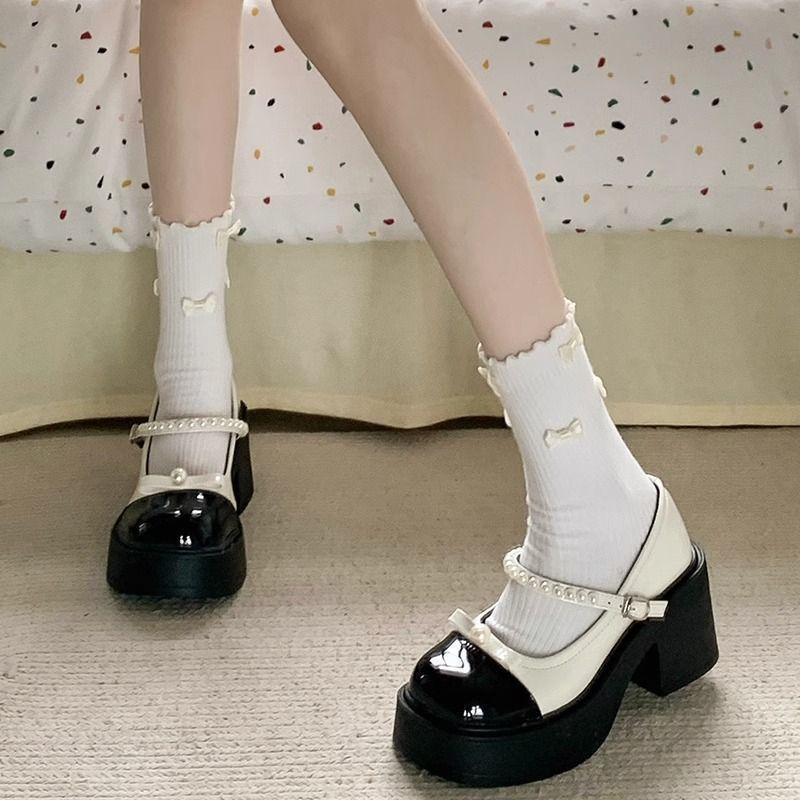 Coarse heel small leather shoes are less versatile, new Korean version, foreign style round head Mary Jane shoes, college style pearls